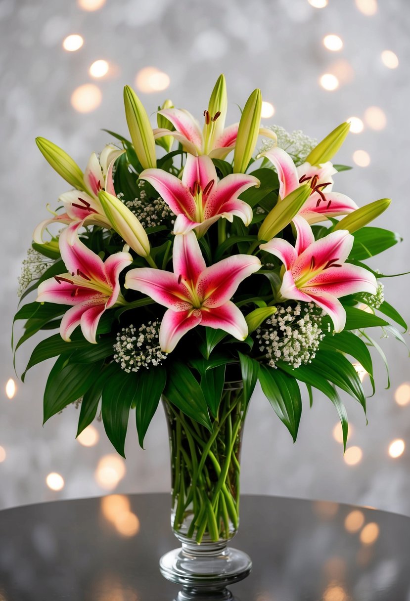 A vibrant Stargazer Lily bouquet arranged in a tall, clear glass vase with lush green foliage and delicate baby's breath