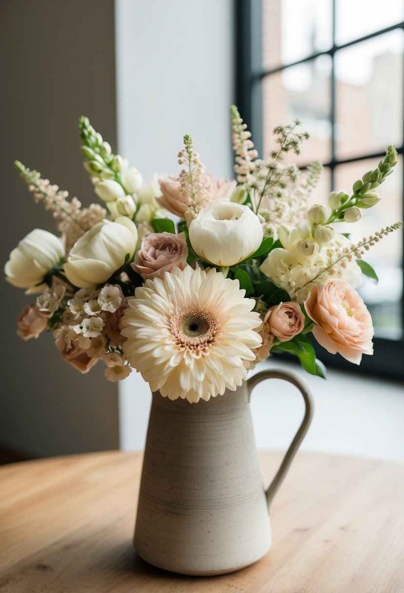 A bouquet of cream, beige, and blush flowers arranged in a rustic, neutral-toned vase