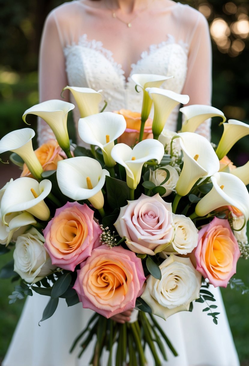 A delicate mix of calla lilies and roses arranged in a charming wedding bouquet