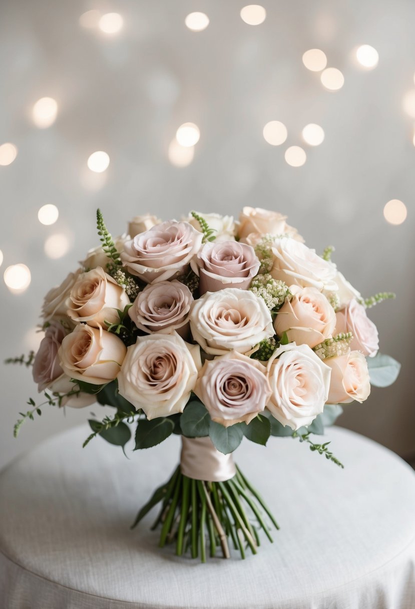 A bouquet of blush and beige roses arranged in a neutral color palette for a wedding