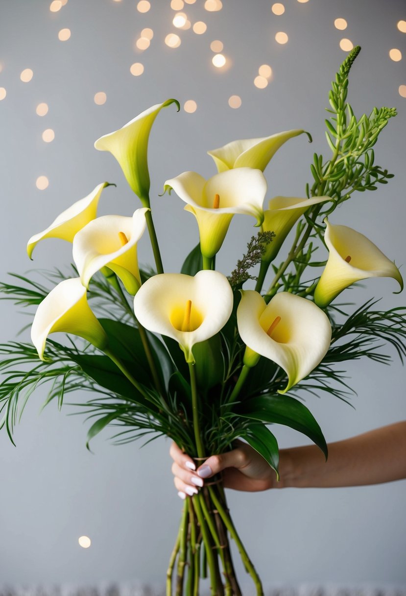 A vibrant Calla Lily and Orchid bouquet, with delicate greenery, arranged in a modern, minimalist style