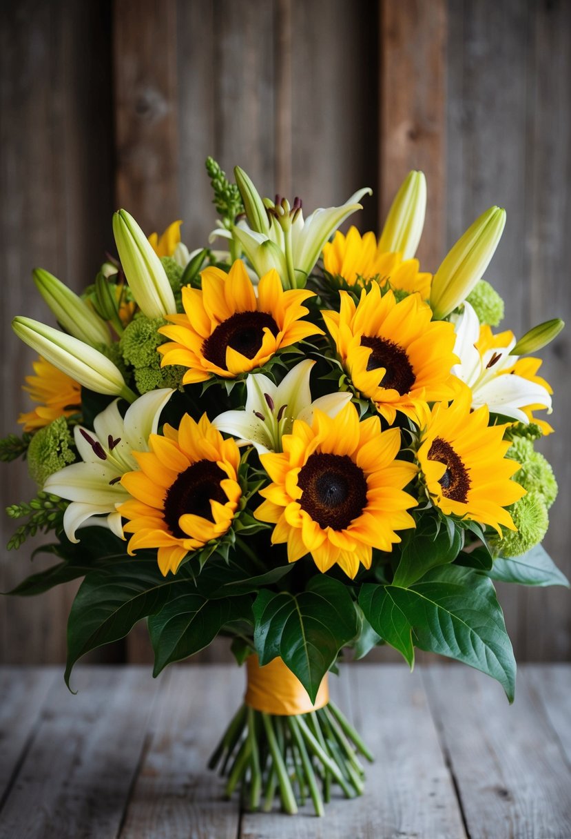 A vibrant bouquet of bright lilies and sunflowers arranged in a rustic, elegant style