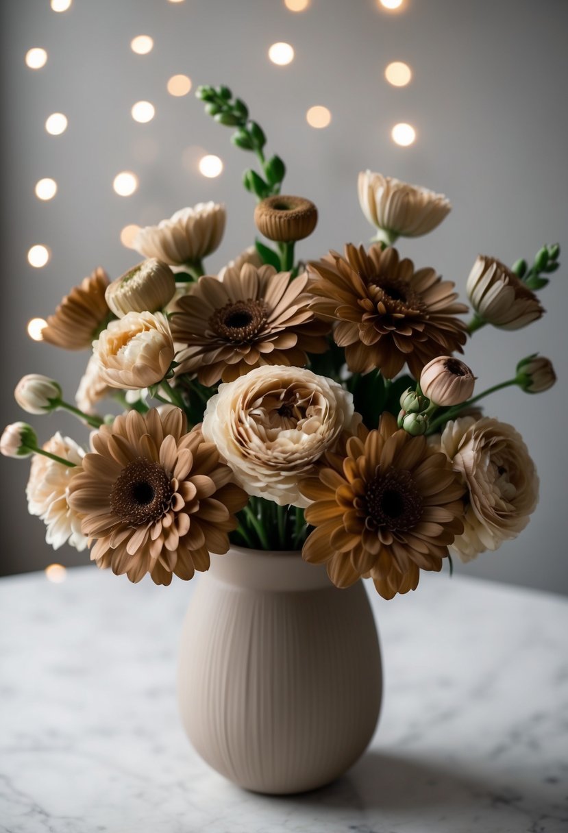 A bouquet of toffee and cappuccino shaded flowers arranged in a neutral-toned vase