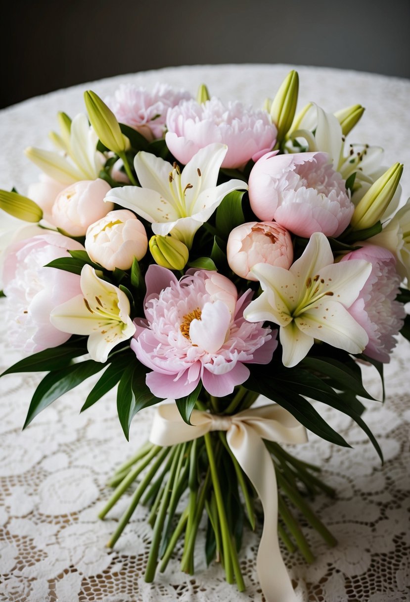 A lush bouquet of peonies and lilies in soft pastel hues, tied with a satin ribbon, sits on a vintage lace tablecloth