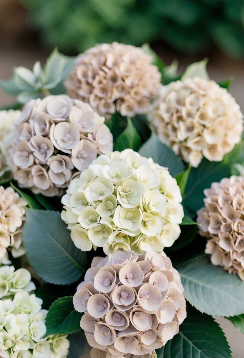 A bouquet of neutral-colored hydrangeas arranged in a mix of cream, taupe, and pale pink, with soft green foliage