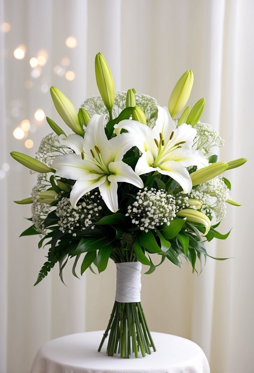 A graceful white lily and baby's breath bouquet, delicately arranged with flowing greenery, set against a soft, romantic backdrop