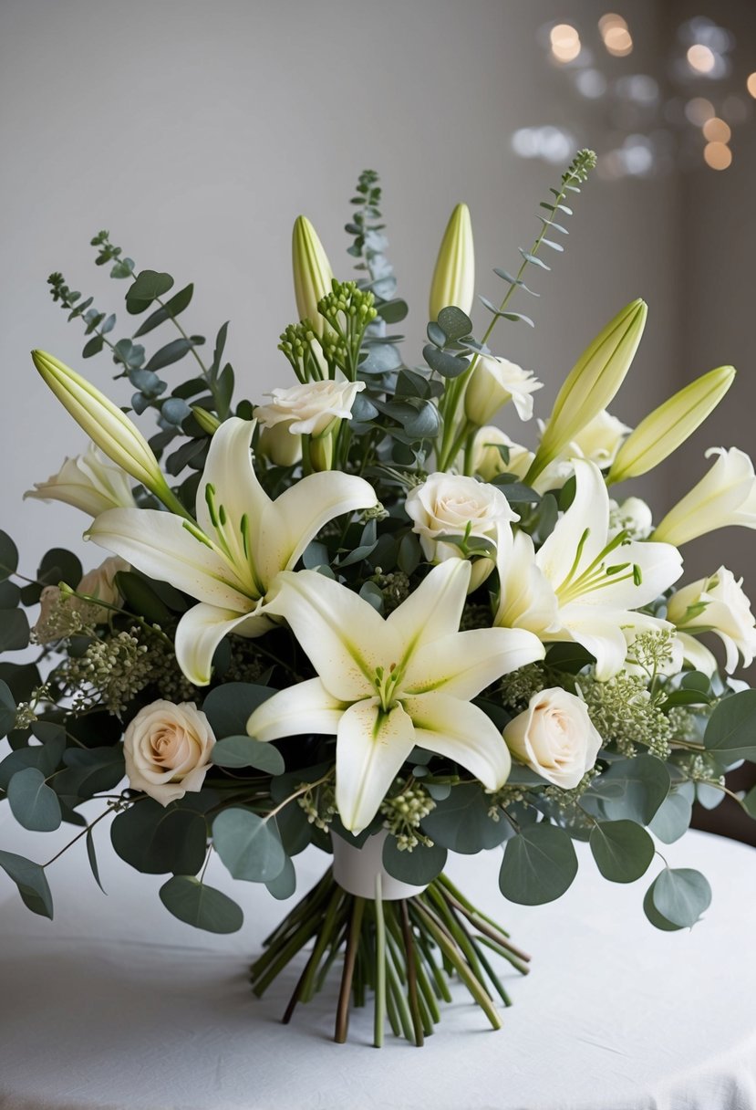 A lush bouquet of cream lilies, eucalyptus, and dusty miller arranged in a classic, elegant style