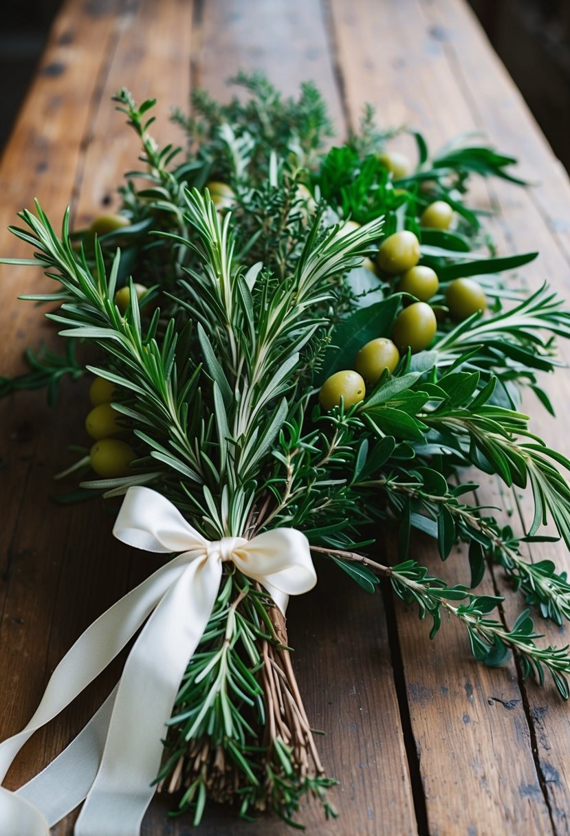 A rustic wooden table adorned with a lush bouquet of fresh olive branches, rosemary, and fragrant herbs tied with a flowing silk ribbon