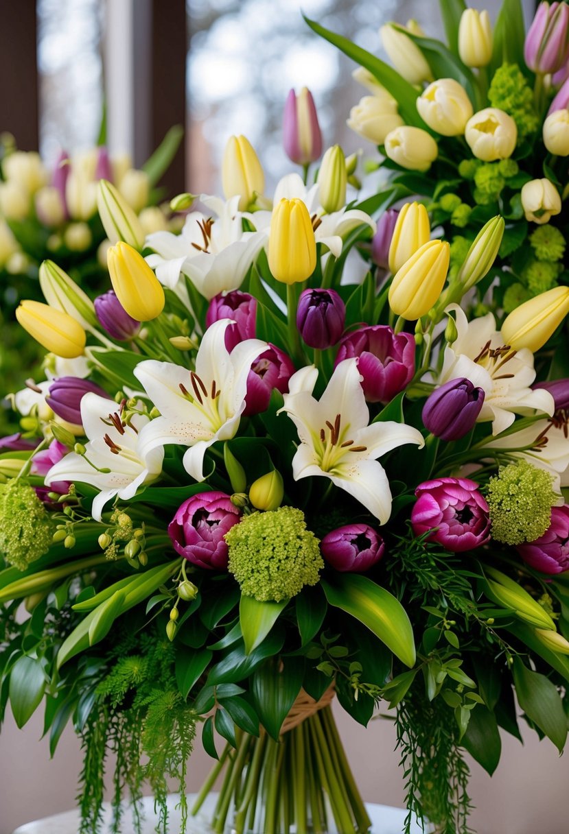 A vibrant bouquet of Asiatic lilies and tulips arranged in a cascading style, with lush greenery and delicate filler flowers