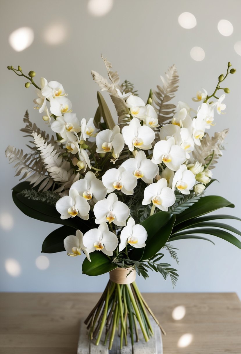 A bouquet of ivory orchids and neutral-colored foliage arranged in a classic, elegant style