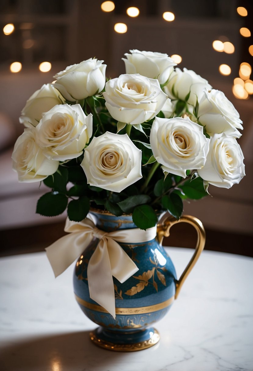 A bouquet of classic white roses tied with a silk ribbon, nestled in a vintage Italian ceramic vase