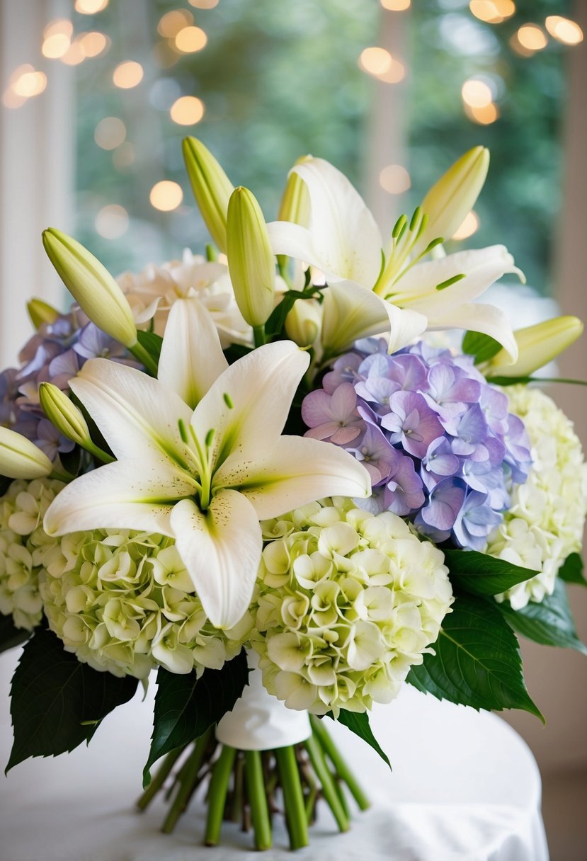 A bouquet of lilies and hydrangeas arranged in a classic wedding style, with delicate petals and vibrant colors