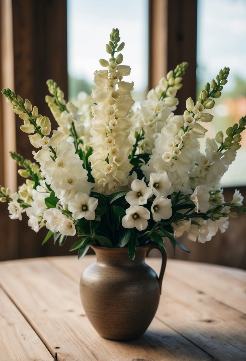 A bouquet of beige and white delphiniums arranged in a rustic vase on a wooden table