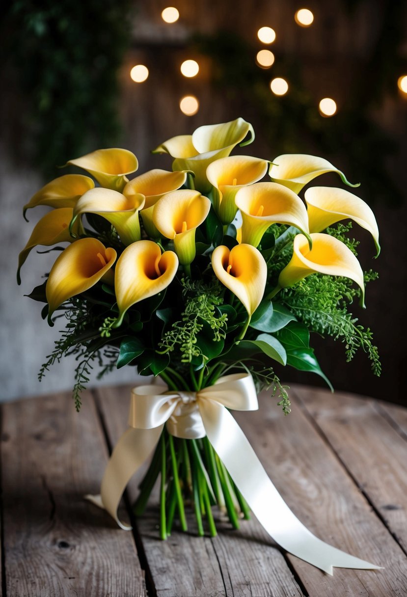 A lush bouquet of vibrant calla lilies, accented with greenery and tied with a satin ribbon, sits on a rustic wooden table