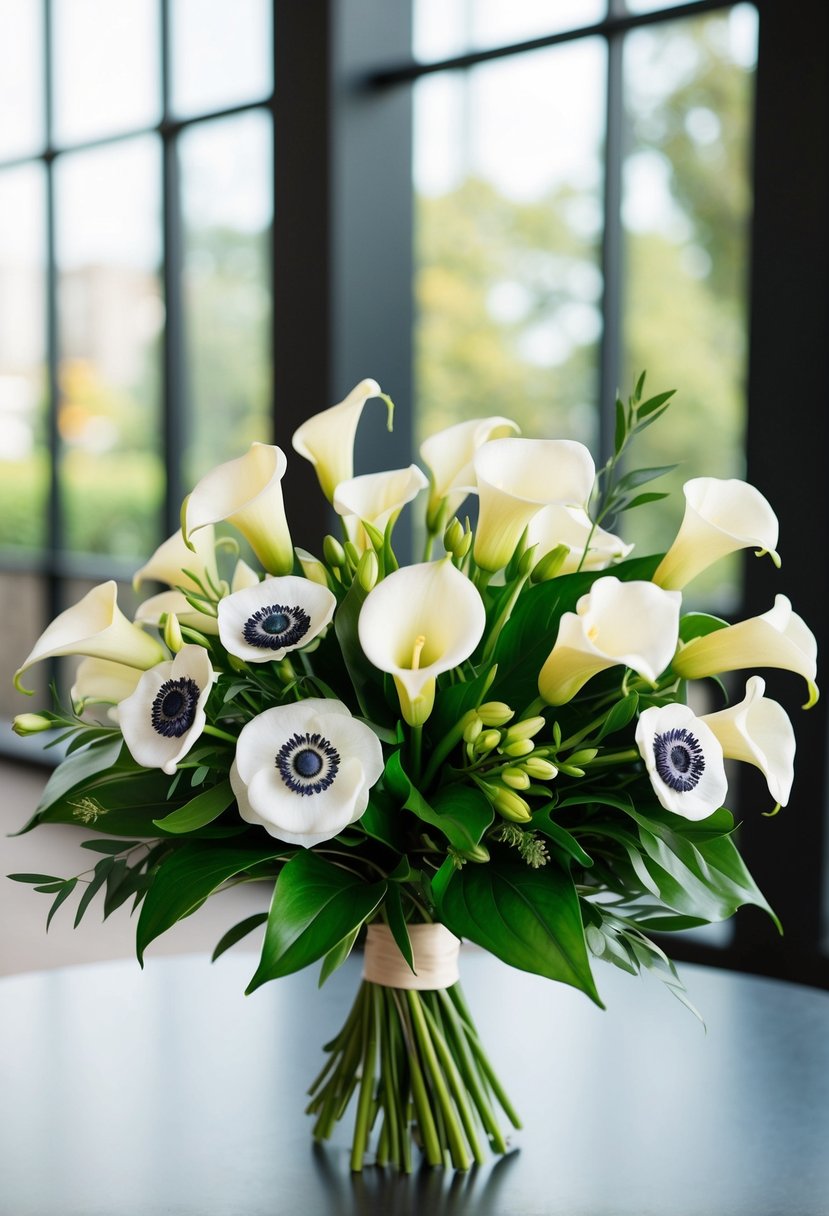 A modern wedding bouquet featuring calla lilies and anemones, arranged in a stylish and elegant design