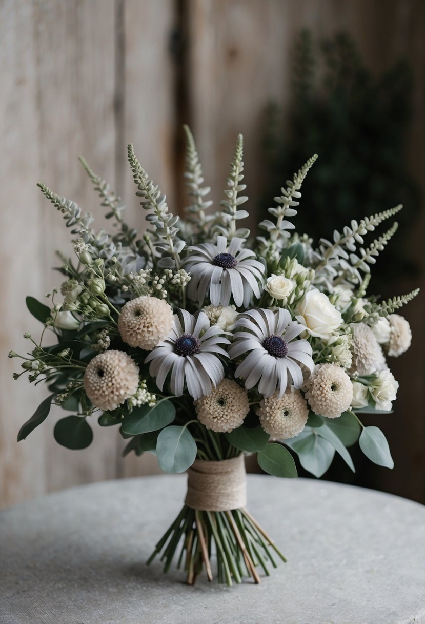 A bouquet of light grey Scabiosa and neutral-colored flowers arranged in a rustic, elegant style