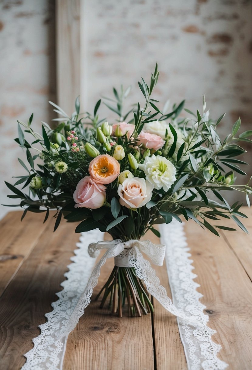 A rustic wooden table adorned with a lush bouquet of sweetpeas, roses, and olive branches, tied with delicate lace ribbon