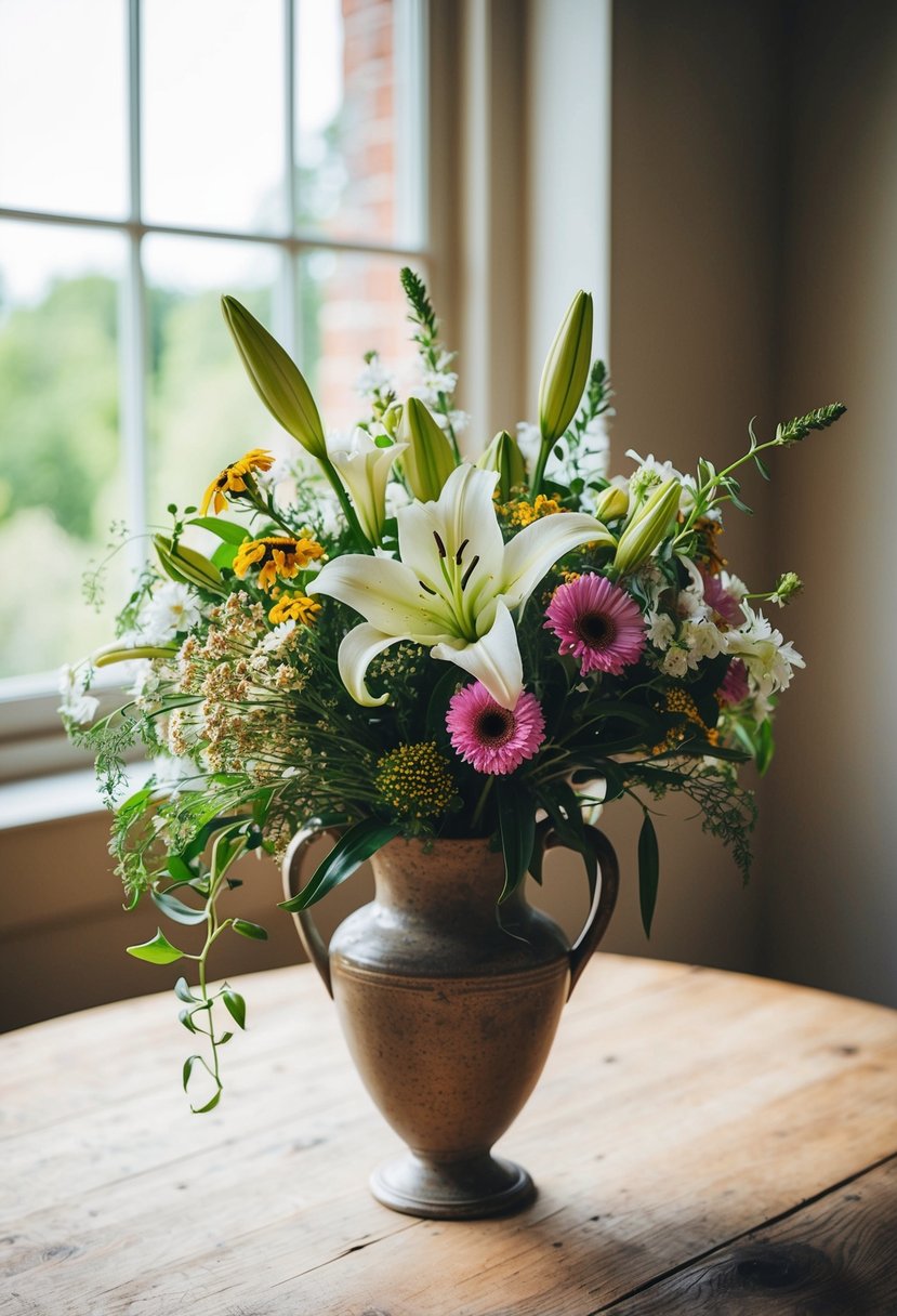 A rustic wildflower and lily wedding bouquet arranged in a vintage vase on a wooden table, with soft natural light streaming in from a nearby window