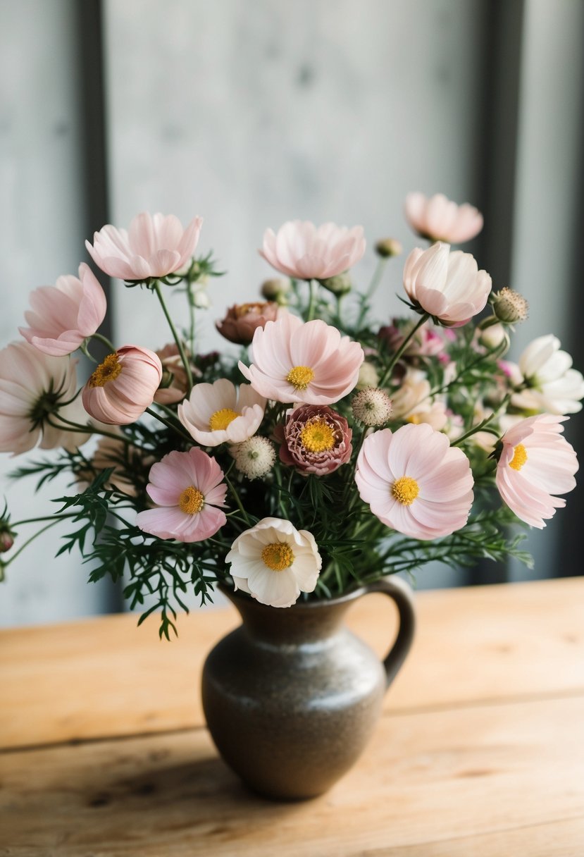 A bouquet of blush cosmos and neutral-colored accents arranged in a rustic vase