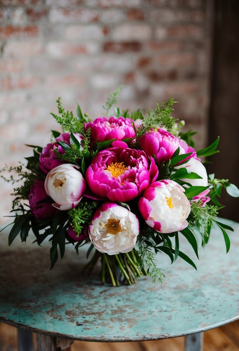 A lush bouquet of vibrant peonies, accented with delicate greenery, sits atop a rustic Italian table