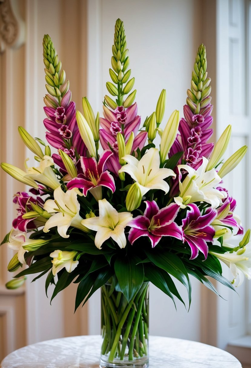 A lavish bouquet of gladiolus and lilies arranged in an elegant and sophisticated manner for a wedding ensemble