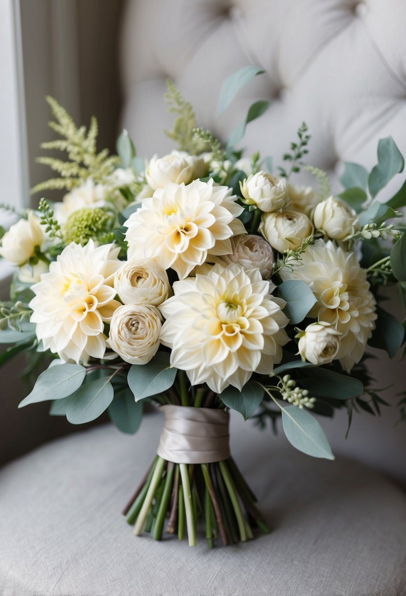 A delicate wedding bouquet of soft beige dahlias and neutral foliage, arranged in a classic, elegant style