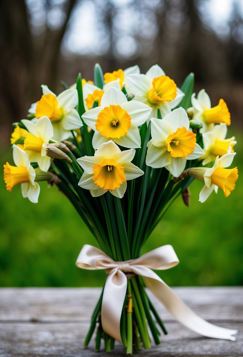 A rustic bouquet of vibrant daffodils and greenery, tied with a satin ribbon