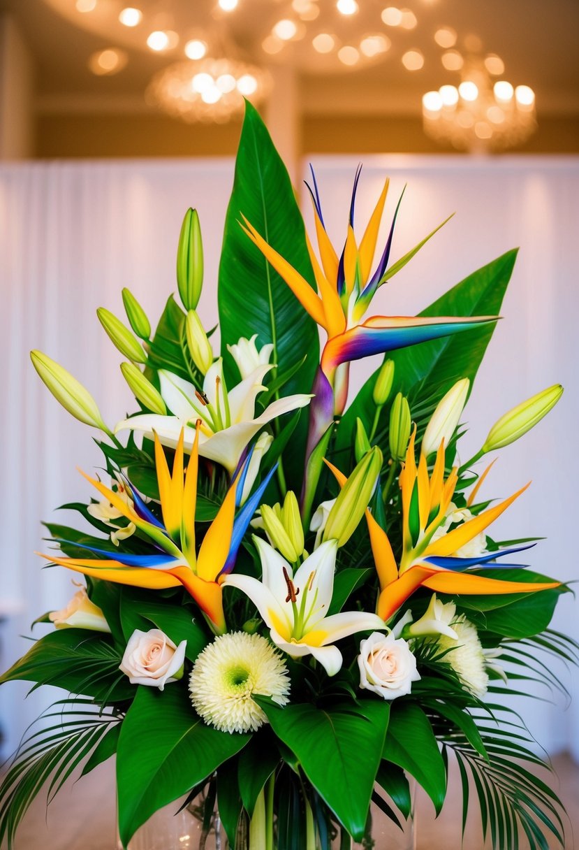 A colorful bouquet of whimsical Birds of Paradise and lilies, with vibrant green leaves and delicate petals, arranged in a stunning wedding display