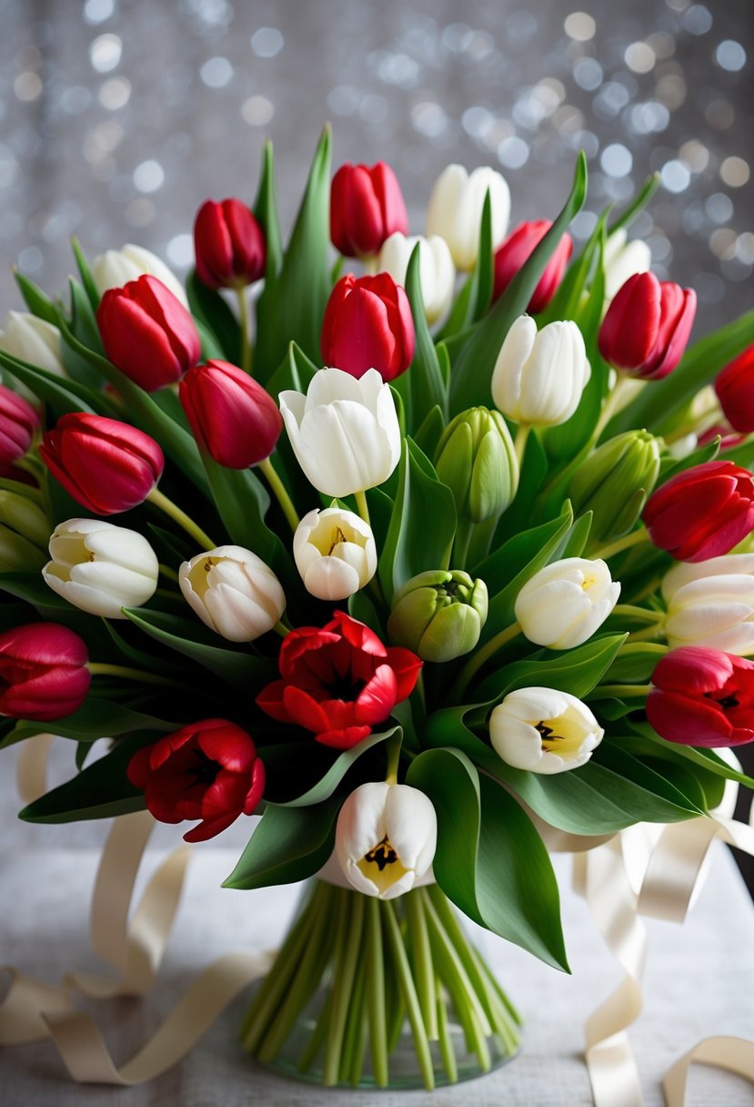 A lush bouquet of red, white, and green tulips arranged in a classic Italian style, with delicate ribbon accents