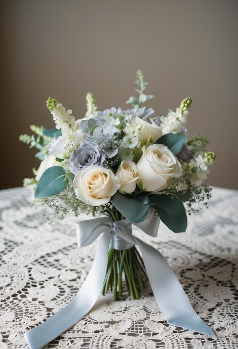 A delicate wedding bouquet of ivory and light grey flowers, tied with a satin ribbon, resting on a vintage lace tablecloth