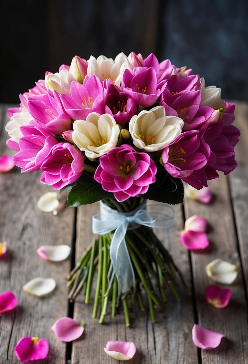 A vibrant bouquet of Freesia blooms, tied with a delicate ribbon, sits on a rustic wooden table, surrounded by scattered rose petals