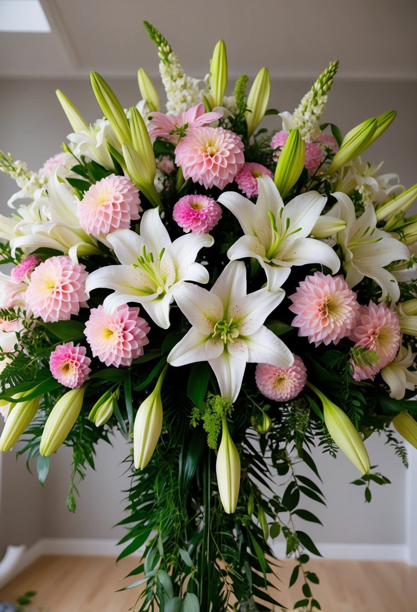 A lavish bouquet of lilies and dahlias in a fusion of white and pink, accented with greenery, arranged in a cascading style