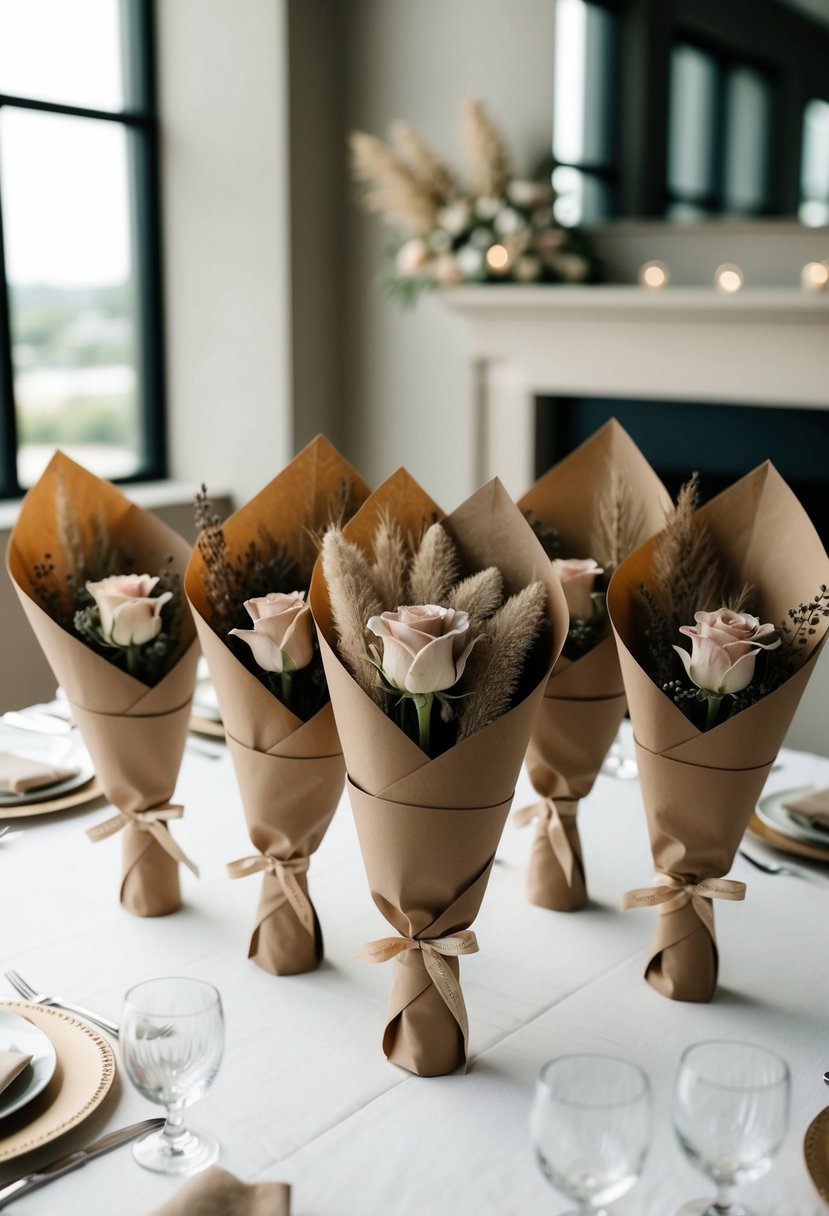 A table with several natural brown wrapped bouquets in neutral colors, arranged for a wedding