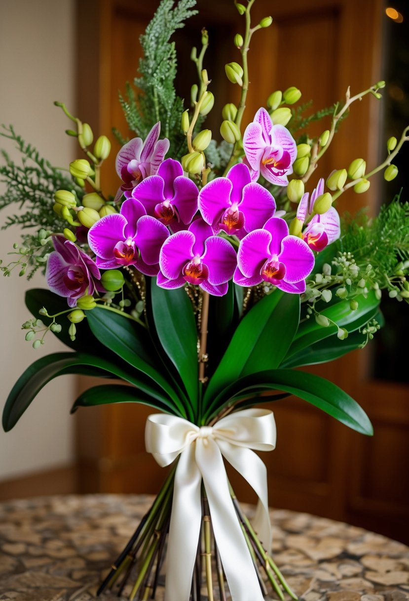 A lush bouquet of exotic orchids in vibrant hues, accented with delicate greenery and tied with a luxurious silk ribbon