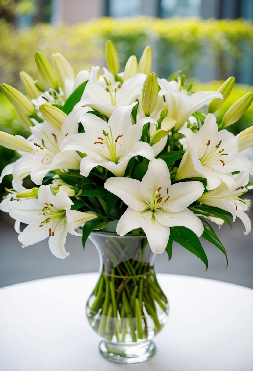 A vase filled with delicate lilies and cherry blossoms arranged in a wedding bouquet