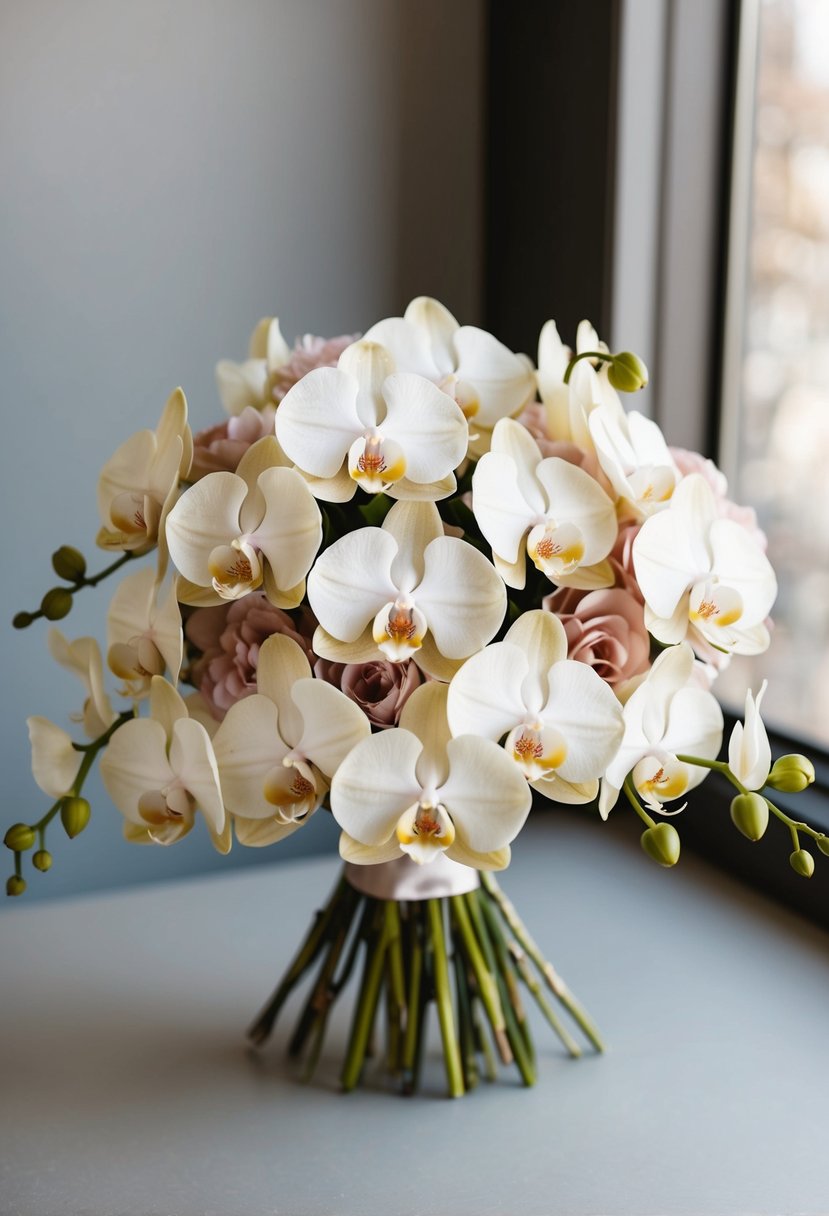 A bouquet of cream and blush orchids arranged in a delicate and neutral-colored wedding bouquet