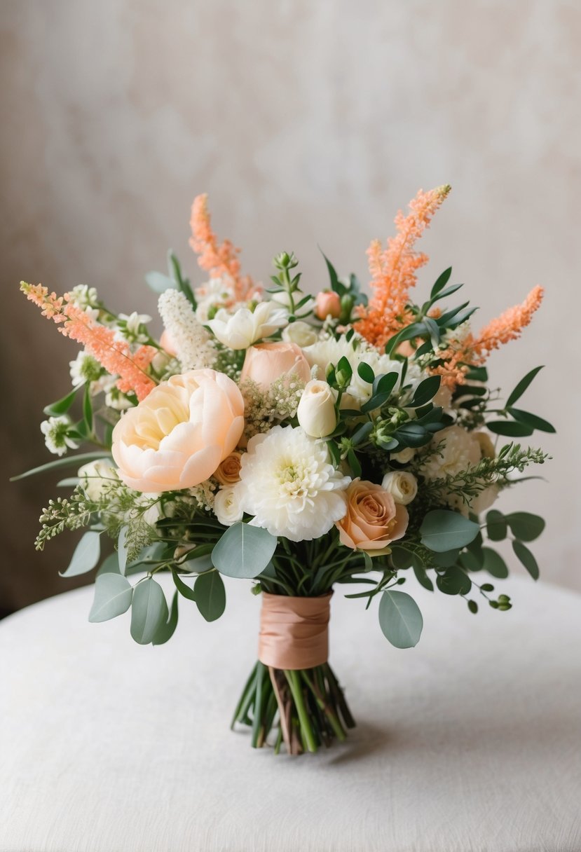 A delicate wedding bouquet featuring soft neutral tones with subtle coral accents, comprised of various flowers and greenery