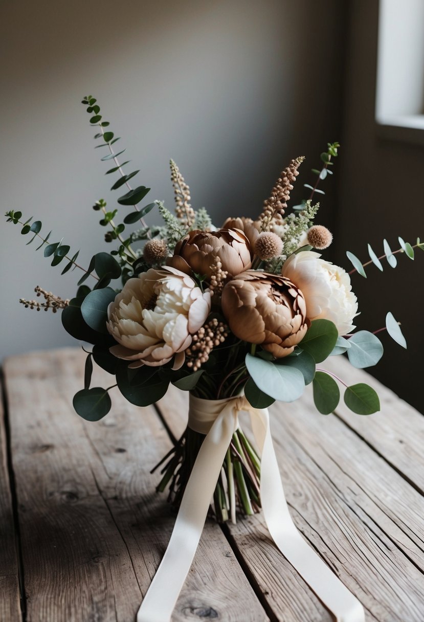 A rustic wooden table adorned with a chic bouquet of natural brown peonies, eucalyptus, and other neutral-colored flowers, tied with a simple ribbon