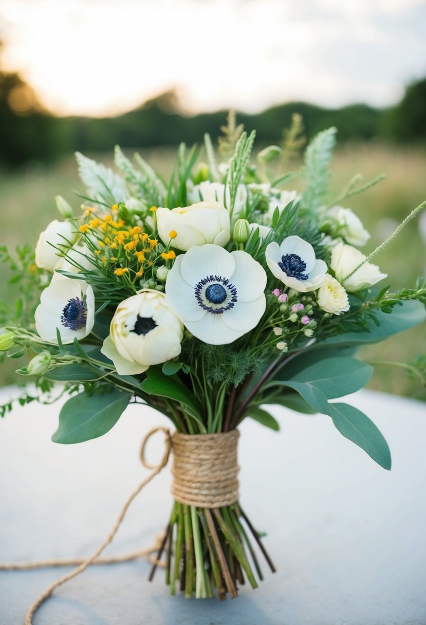 A rustic Italian wedding bouquet with anemone accents, featuring a mix of wildflowers and greenery, tied with twine