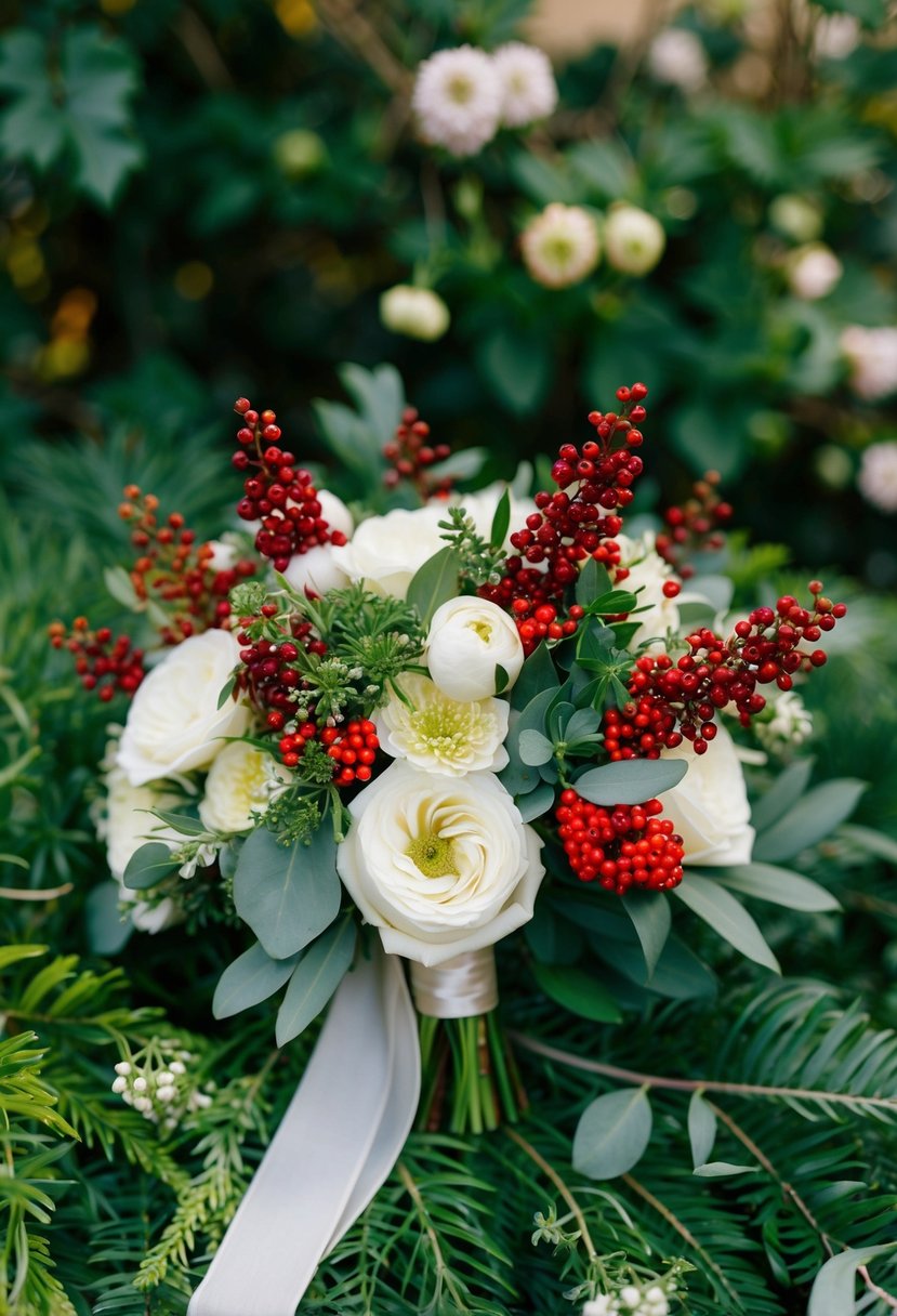 A bouquet of Italian wedding flowers featuring unique Brunia berries, surrounded by lush greenery and delicate blooms