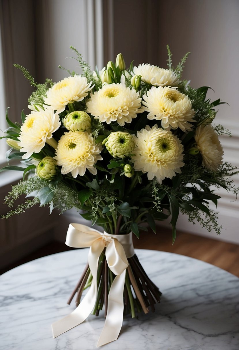 A lush bouquet of chrysanthemums, intertwined with delicate greenery and tied with a satin ribbon, sits atop a marble table