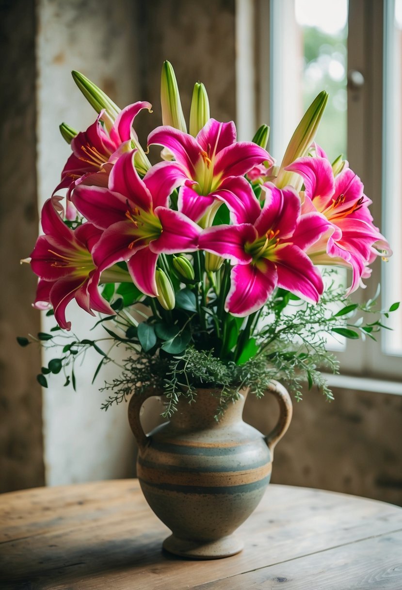 A vibrant bouquet of gladioluses, intertwined with delicate greenery, rests in a rustic Italian ceramic vase