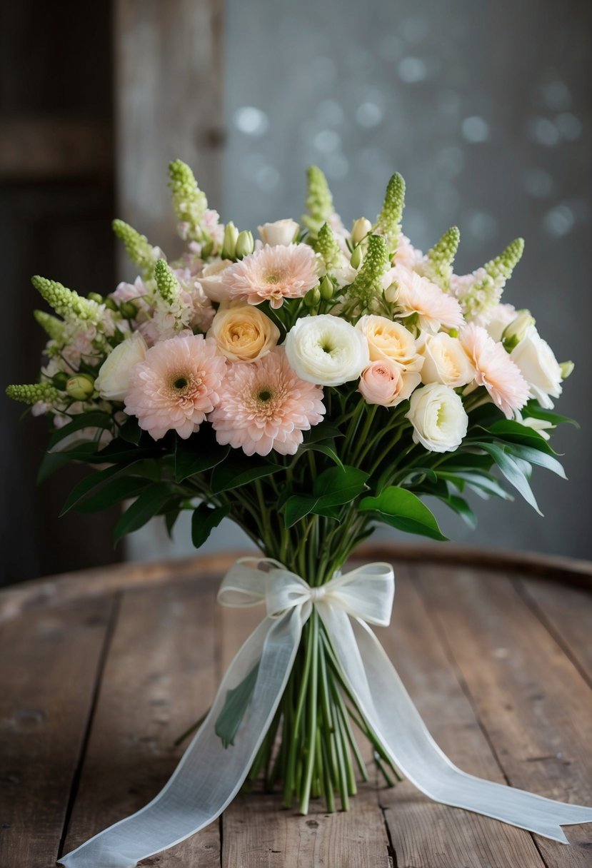 A lush bouquet of eustoma flowers in soft pastel colors, tied with a delicate ribbon, sits on a rustic wooden table