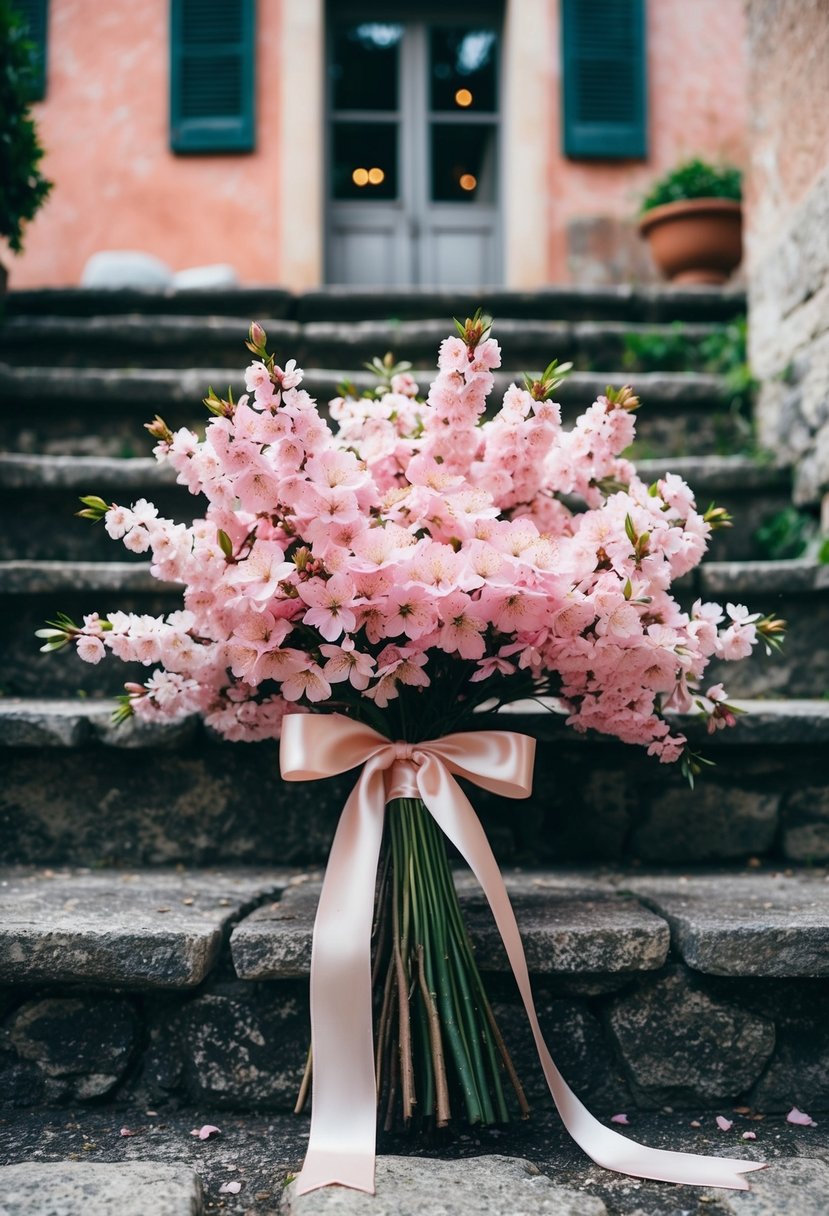 A lush bouquet of pink cherry blossoms, tied with satin ribbon, rests on a rustic Italian villa's stone steps