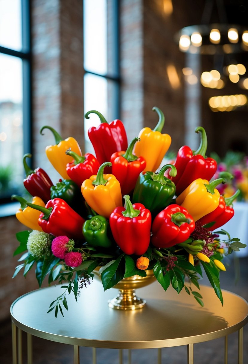 A vibrant bouquet of modern ornamental peppers arranged in an Italian wedding style