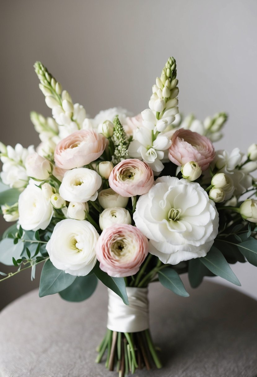 A delicate wedding bouquet featuring white and blush lisianthus, arranged in a soft, romantic style