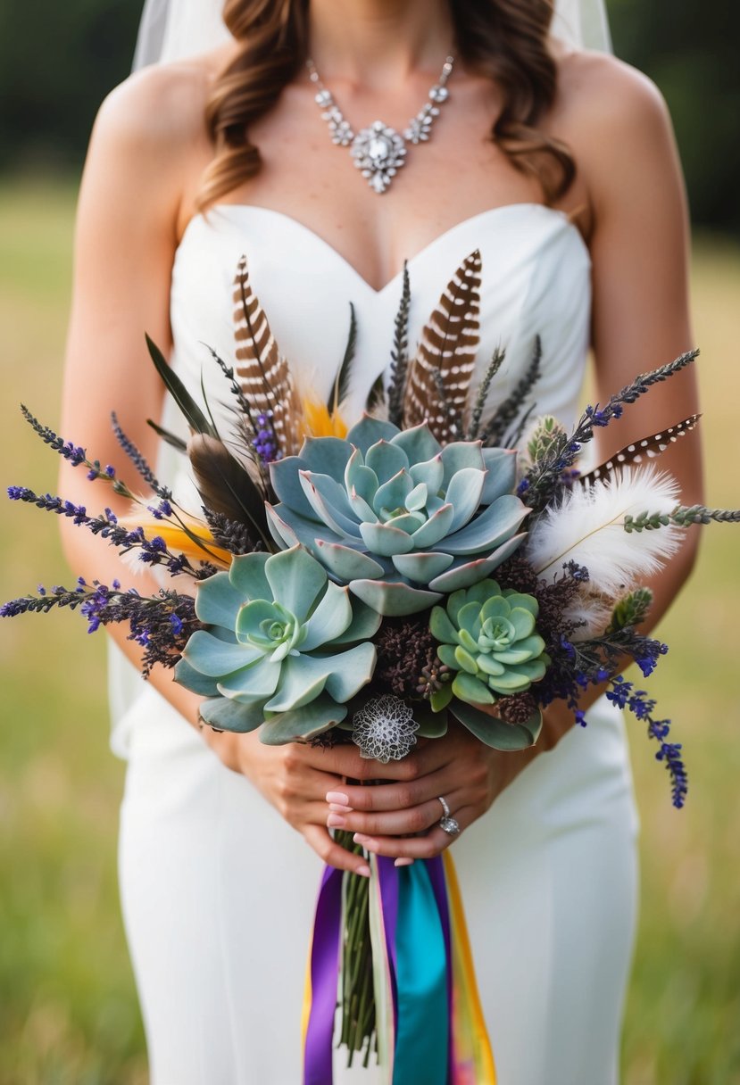 A bride holding a bouquet made of succulents, feathers, and dried lavender, with a touch of colorful ribbons and vintage brooches