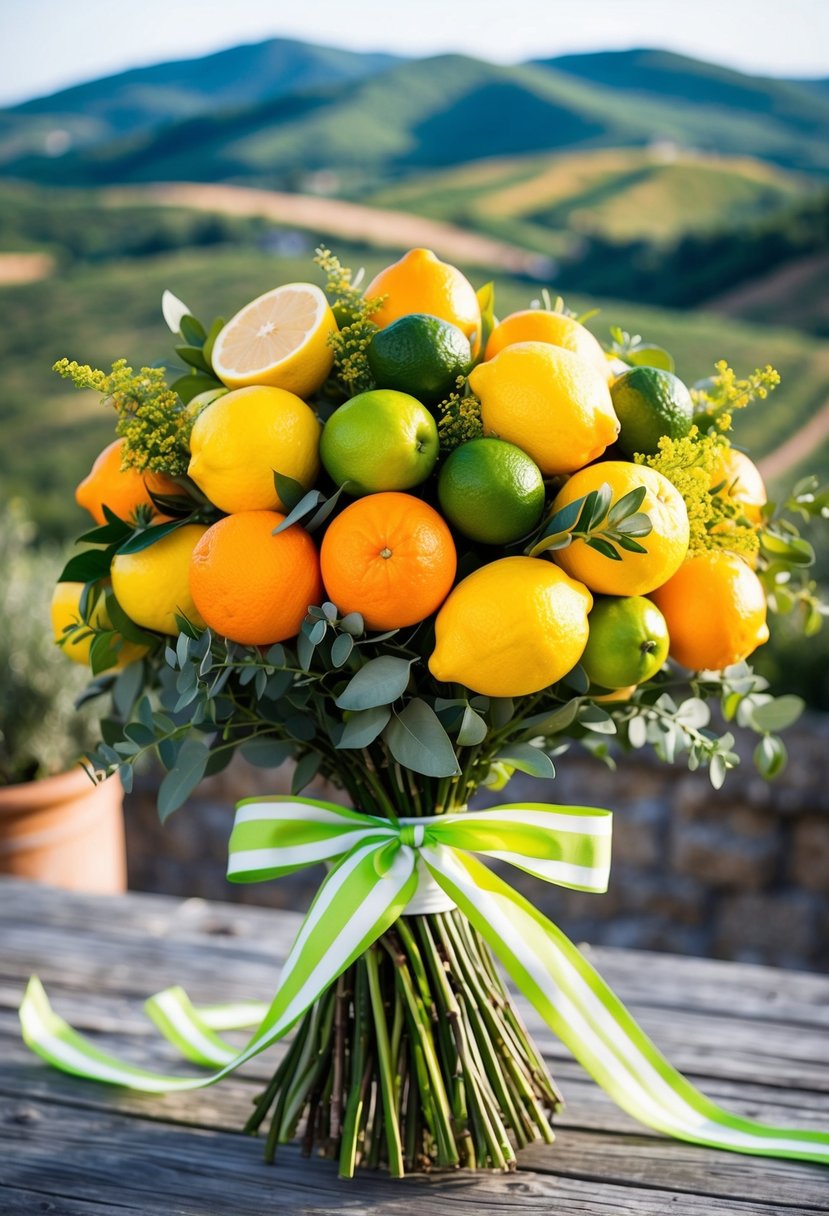 A colorful bouquet of lemons, oranges, and limes tied with ribbons and greenery, set against a backdrop of rolling Tuscan hills