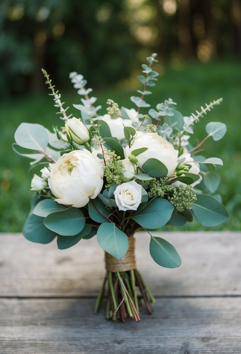 A rustic wedding bouquet featuring lisianthus and eucalyptus leaves, with a natural and charming feel