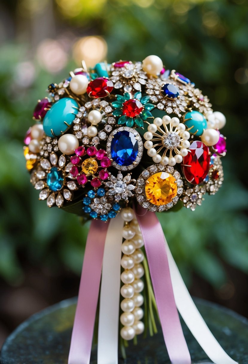 A vibrant brooch bouquet featuring a mix of colorful jewels, pearls, and vintage pins, arranged in a cascading style with silk ribbon accents